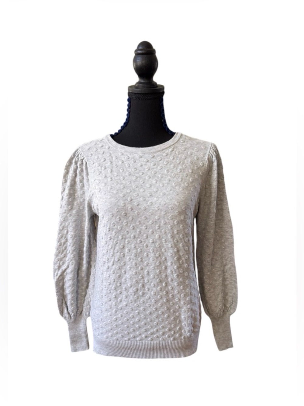 LOFT Light Gray Cottagecore Textured Puff-Sleeve Sweater